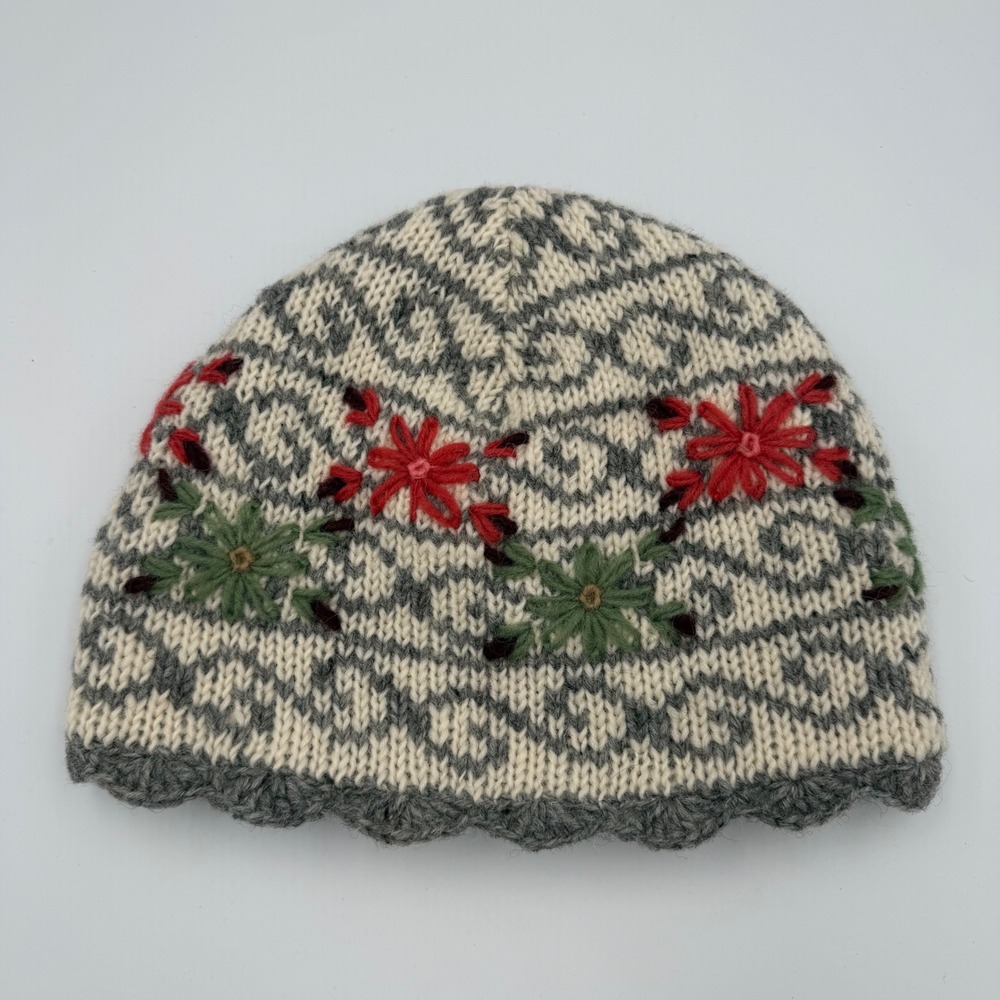 Floral Embroidered Wool Beanie Cottagecore Boho Fair Isle Hat Lost Horizons Gray